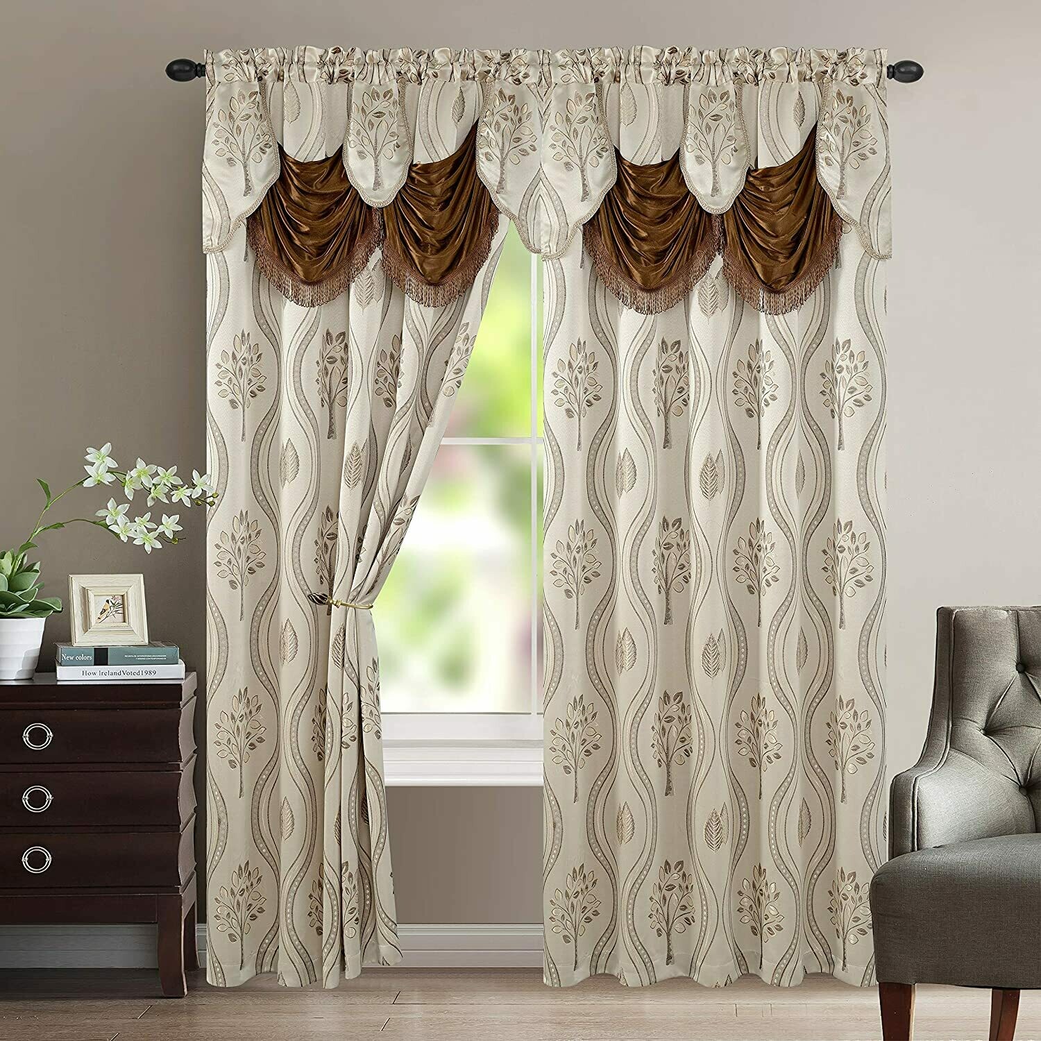 Elegant Comfort Luxurious Beautiful Curtain Panel Set with Attached Valance and Backing 54&quot; X 84 inch (Set of 2)