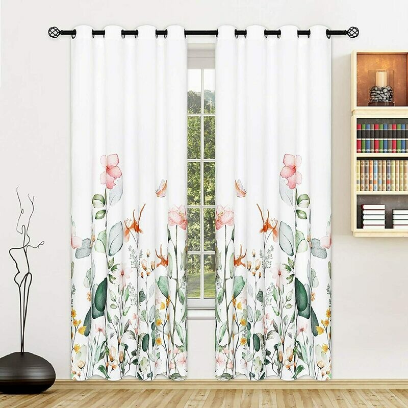 Floral Curtains, Watercolor Wild Flower Curtain Panel, Print Floral Window Drapes with Grommets for Bedroom Living Room Decor, Set of 2 Panels, 52 x 84 Inch Length