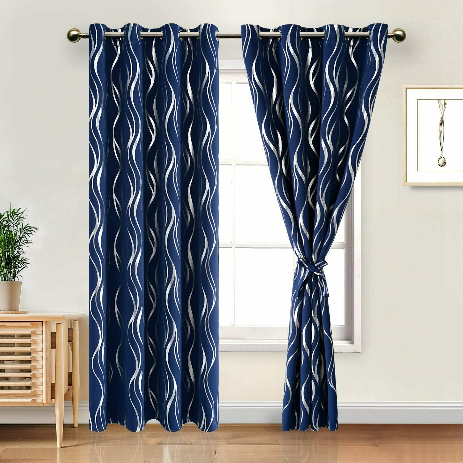 DWCN Blackout Curtains with Tiebacks - Stripe Silver Foil Print Thermal Insulated Energy Saving Grommet Window Drapes for Living Room Bedroom, Set of 2 Panels, W52 x L96 inch