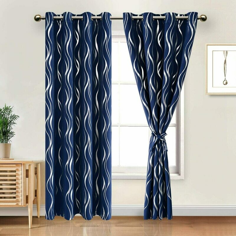 DWCN Blackout Curtains with Tiebacks - Stripe Silver Foil Print Thermal Insulated Energy Saving Grommet Window Drapes for Living Room Bedroom, Set of 2 Panels, W52 x L96 inch