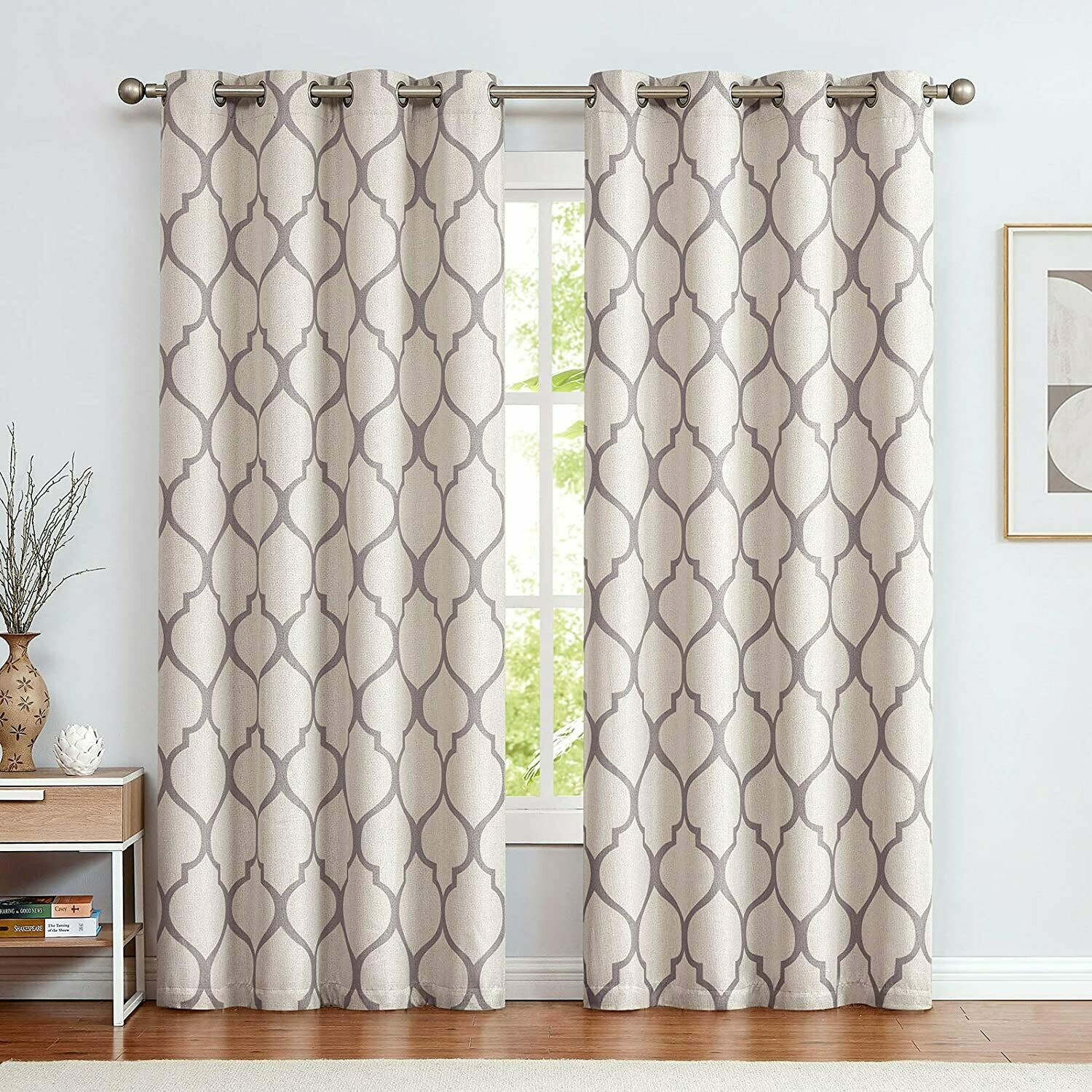 jinchan Curtains Linen Textured Curtains Moroccan Tile Printed Panels Room Darkening Bedroom Living Room Thermal Insulated Window Treatment Drapes 2 Panels 84&quot; L