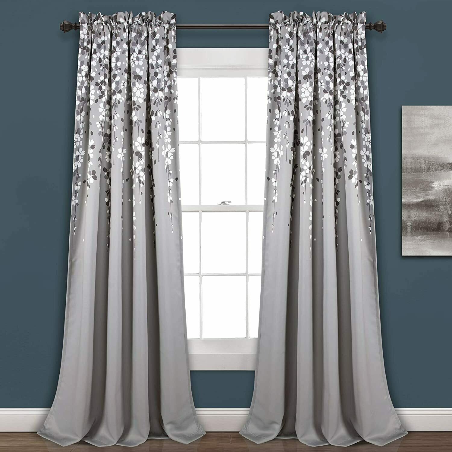 Lush Decor, Gray Weeping Flowers Room Darkening Window Panel Curtain Set (Pair), 84” x 52, 84&quot; x 52&quot;