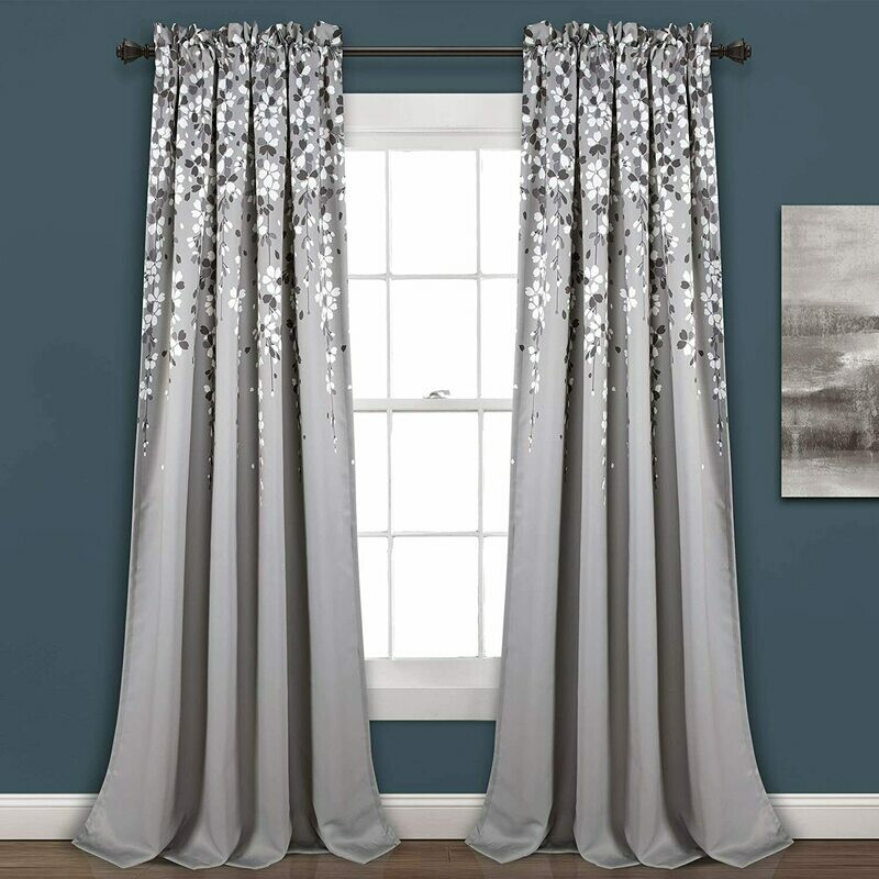 Lush Decor, Gray Weeping Flowers Room Darkening Window Panel Curtain Set (Pair), 84” x 52, 84&quot; x 52&quot;