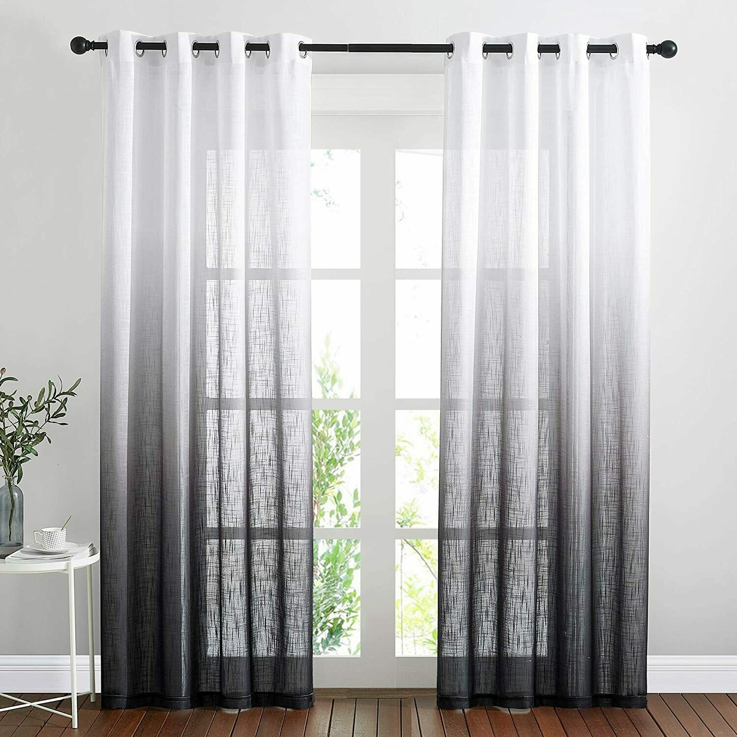 NICETOWN Semi Sheer Curtains 84 inch Length for Living Room, Grommet White &amp; Black Ombre Curtains Linen Blend Privacy Vertical Drapes Window Treatments for Hall / Villa, 100&quot; Wide Total 2 Pieces