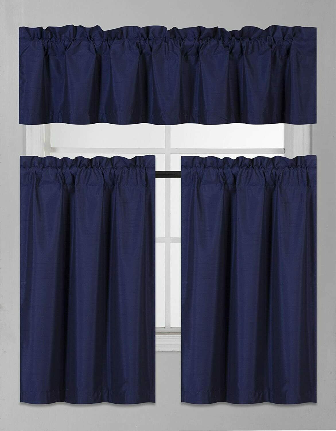 Elegant Home Collection 3 Piece Solid Color Faux Silk Blackout Kitchen Window Curtain Set with Tiers and Valance Solid Color Lined Thermal Blackout Drape Window Treatment Set