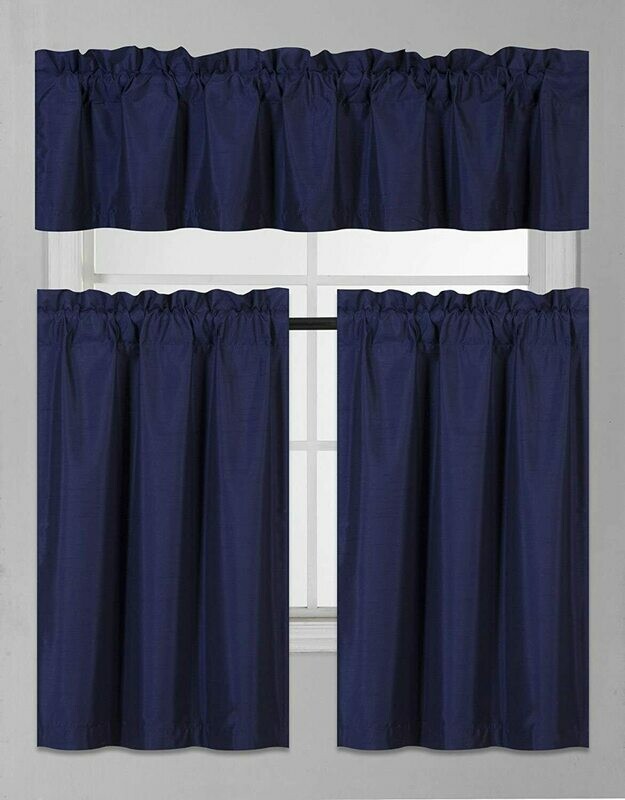 Elegant Home Collection 3 Piece Solid Color Faux Silk Blackout Kitchen Window Curtain Set with Tiers and Valance Solid Color Lined Thermal Blackout Drape Window Treatment Set