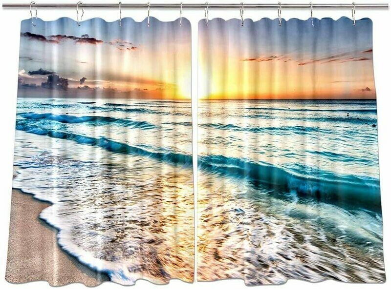 NYMB Tropical Ocean Sunset Scenery Kitchen Window Curtains, Wave on Sea Sand Beach Curtains Panels, Kitchen Decorations Window Drapes, Window Treatment Sets with Hooks, 55X39Inches