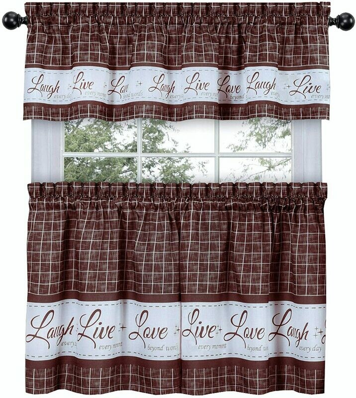 GoodGram Country Gingham Check Live~Laugh~Love 3 Pc. Café Plaid Kitchen Curtain Set