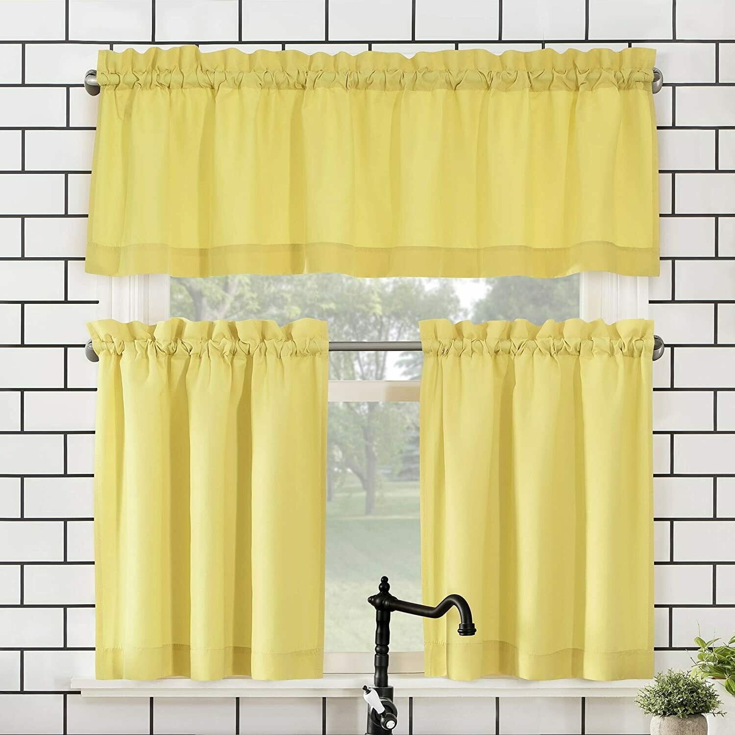Martine Microfiber Semi-Sheer Rod Pocket Kitchen Curtain Valance and Tiers Set, 54&quot; x 24&quot; 3-Piece, Red