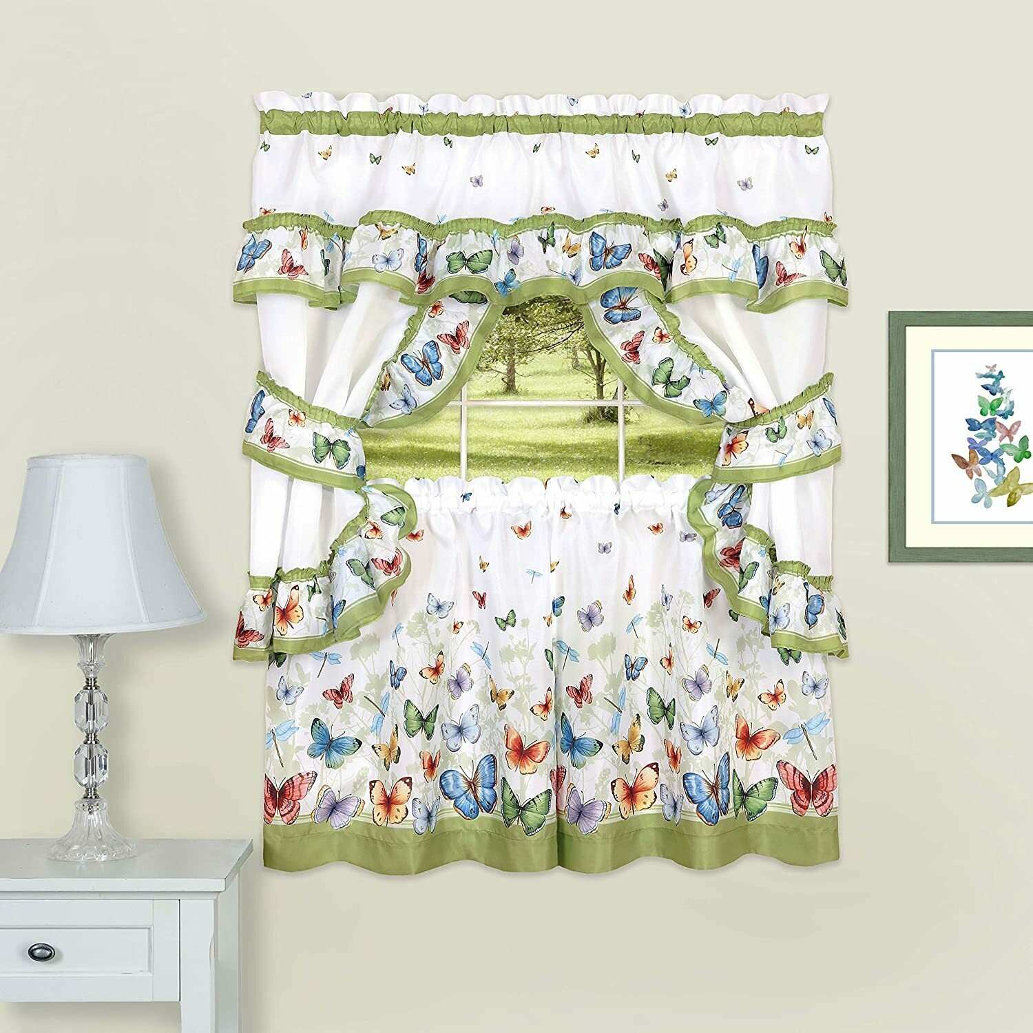 Achim Home Furnishings Butterflies Printed Cottage Window Curtain Set, 57&quot; x 36&quot;, Green