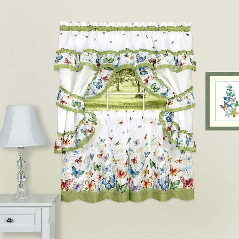 Achim Home Furnishings Butterflies Printed Cottage Window Curtain Set, 57&quot; x 36&quot;, Green