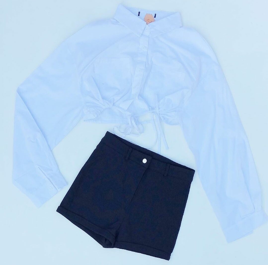 Long Sleeved Shirt &amp; High-Waisted Shorts