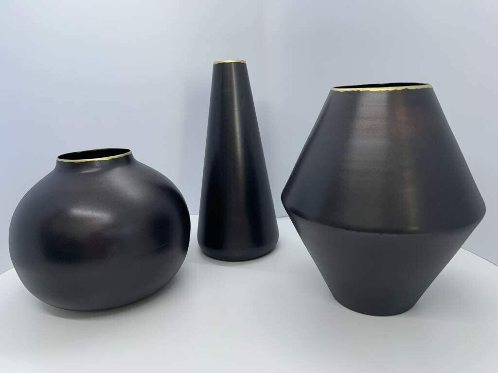 KADINA Set of 3 Iron with Brass Trim Bud vases, Black Rustic Home Decor or Modern Farmhouse Decor Ideal vase Accent Pieces