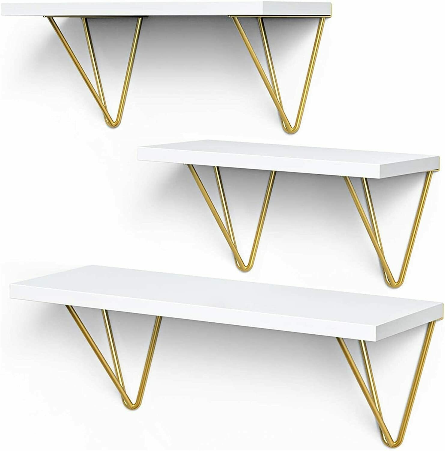 White Floating Shelves - Elegant Vanity Triangle Golden Metal Brackets Hanging Wall Shelves Set of 3 - Wall Mounted Shelf