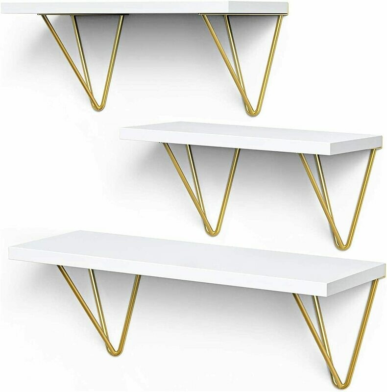 White Floating Shelves - Elegant Vanity Triangle Golden Metal Brackets Hanging Wall Shelves Set of 3 - Wall Mounted Shelf