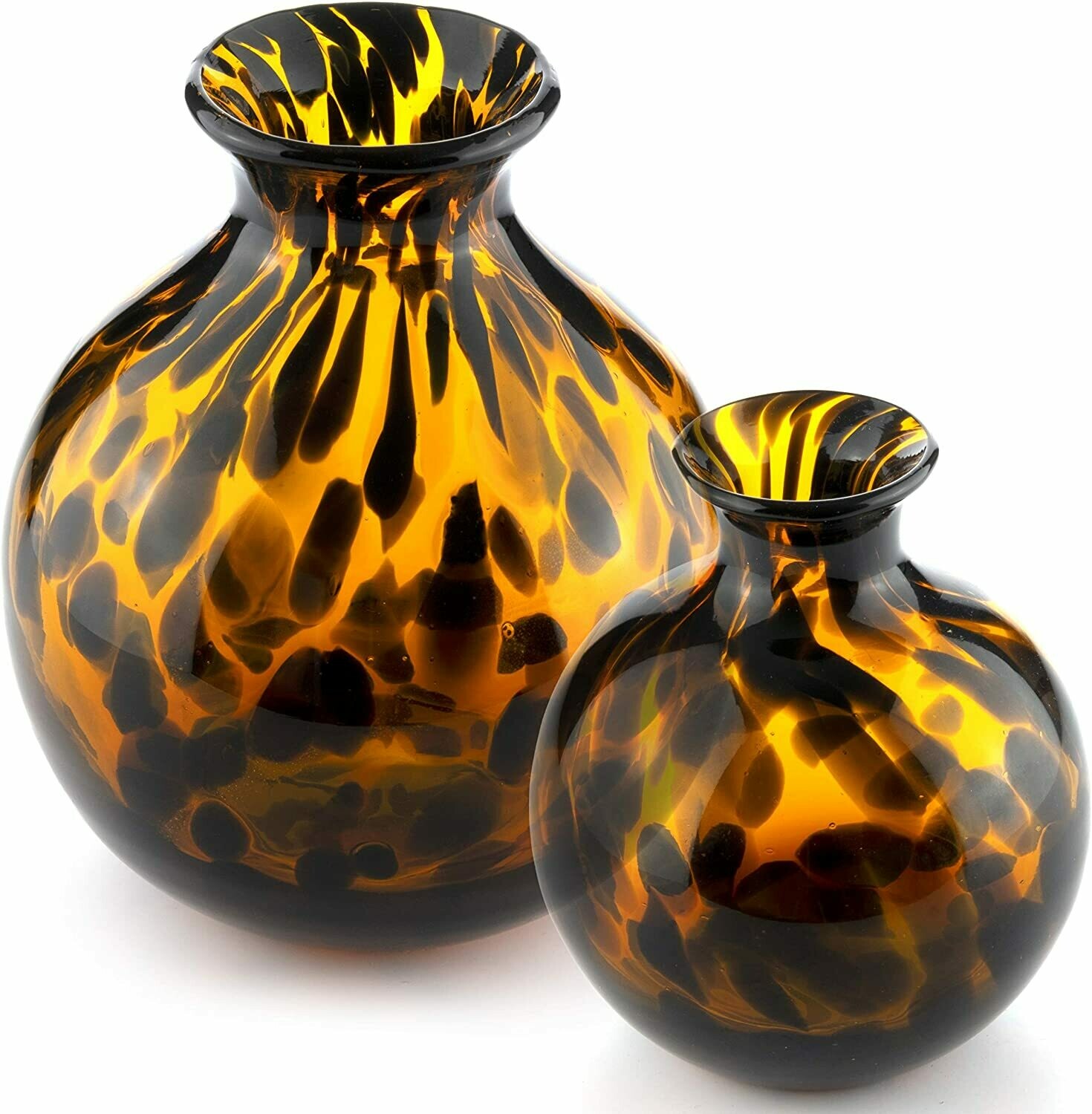 Glass Vase Set – 2 Decorative Round Flower Vases – Animal Print – Black Brown