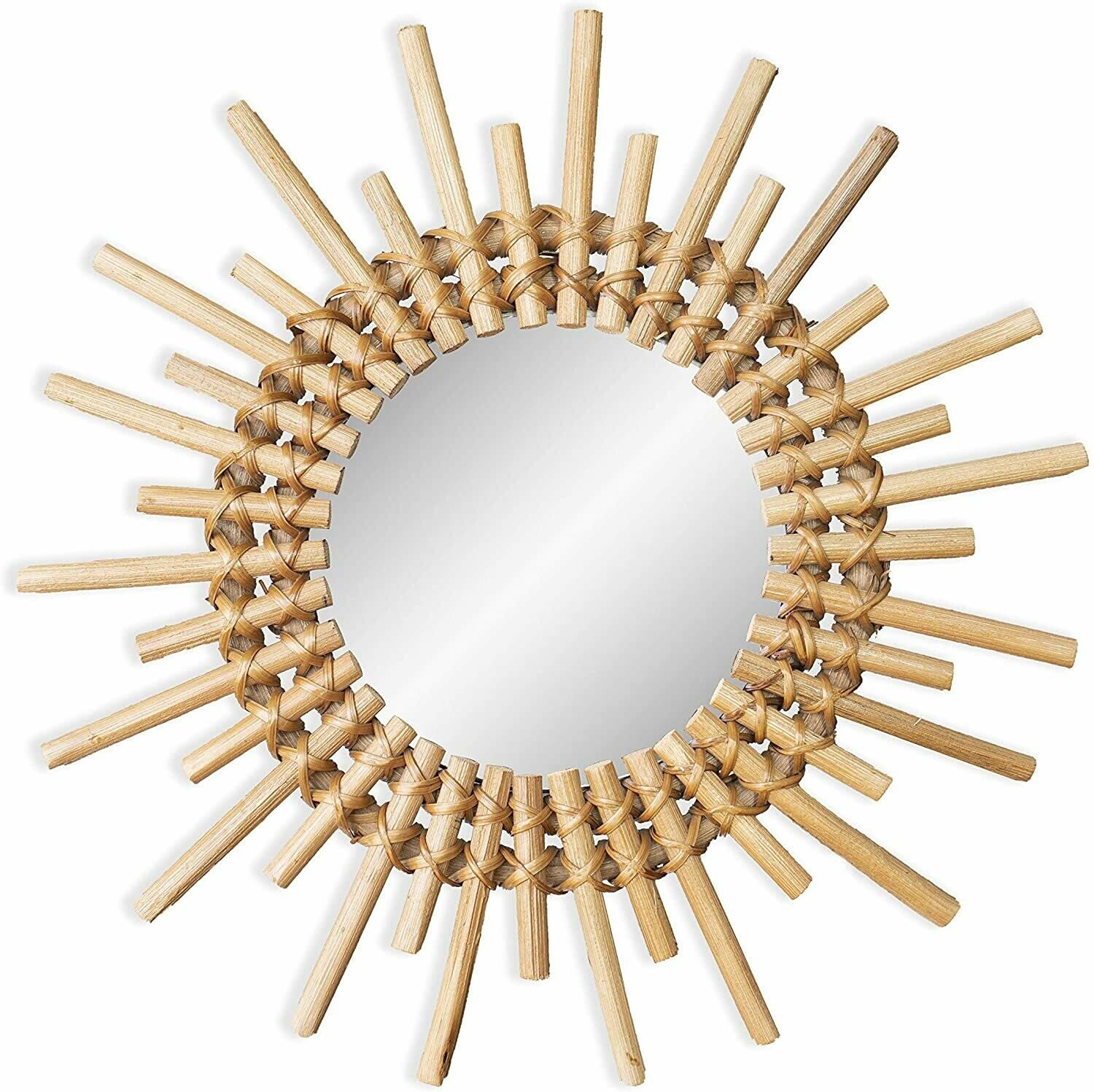 Natural Rattan Wall Mirror (Sunburst Pattern), Small Handwoven Wicker Home Decor Mirror, Mid-Century Modern, 12 inch Diameter