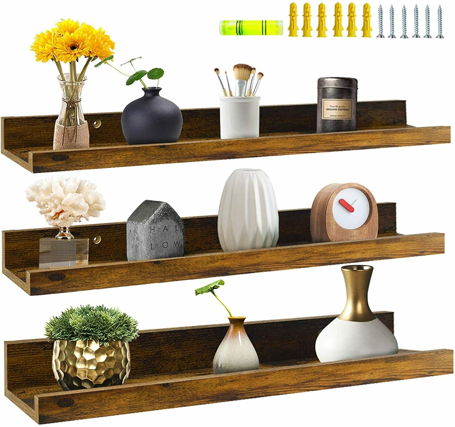 Giftgarden 24 Inch Floating Shelves Wall Mounted Set of 3, Rustic Large Wall Shelves Picture Ledge Shelf