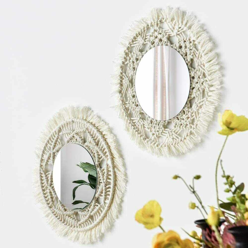 Wall Mirror Macrames Beautiful 2PCS Style Handmade Macrame Outsky Hanging Boho Fringe Round Decorative
