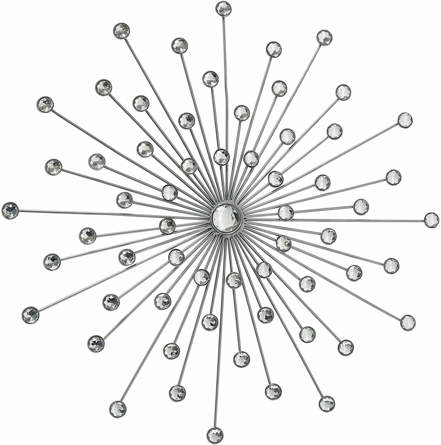 WHW Whole House Worlds Brilliant Burst Wall Decor, Silver Metal, Powder Coated Iron, Inset Acrylic Faux Diamonds, Integrated Keyhole Hanger, 19 Inches Diameter, 1.25 Deep, Height 1.1 lbs