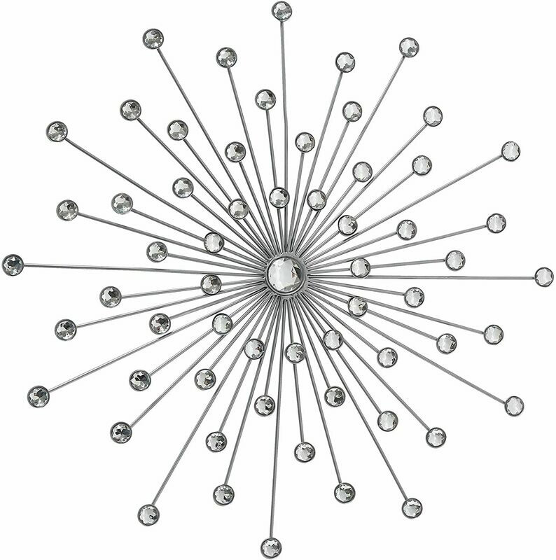 WHW Whole House Worlds Brilliant Burst Wall Decor, Silver Metal, Powder Coated Iron, Inset Acrylic Faux Diamonds, Integrated Keyhole Hanger, 19 Inches Diameter, 1.25 Deep, Height 1.1 lbs