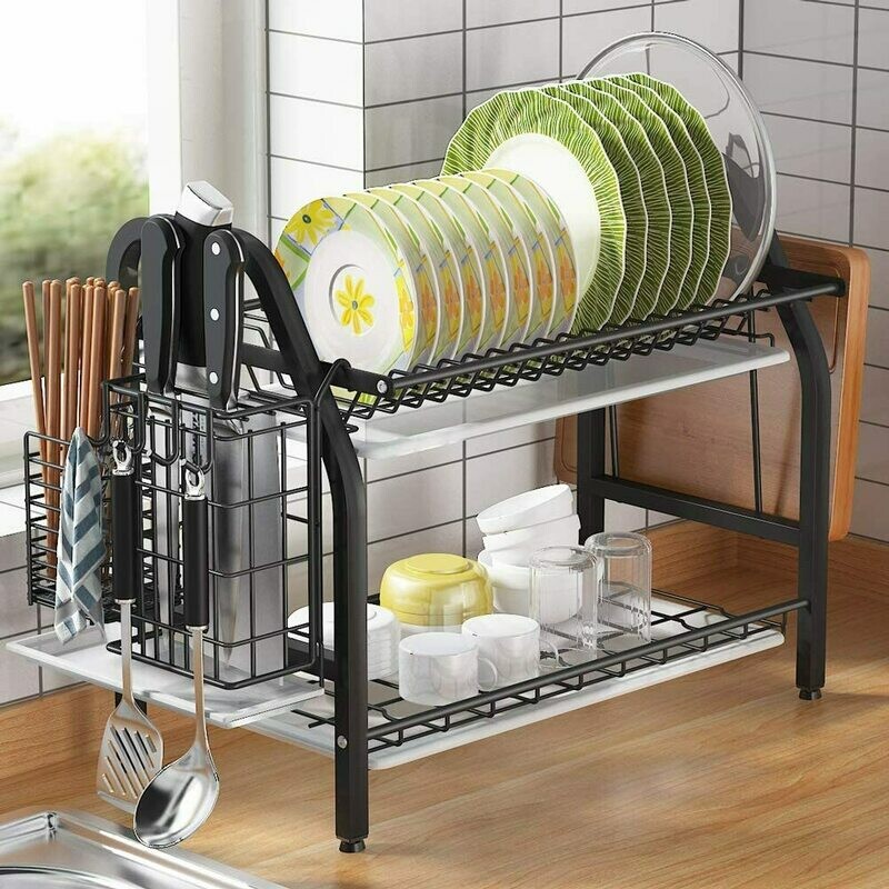 Dish Drying Rack, 1Easylife 2 Tier Dish Rack Stainless Steel with Utensil Knife Holder and Cutting Board Holder Dish Drainer with Removable Drain Board for Kitchen Counter Organizer Storage (Black)