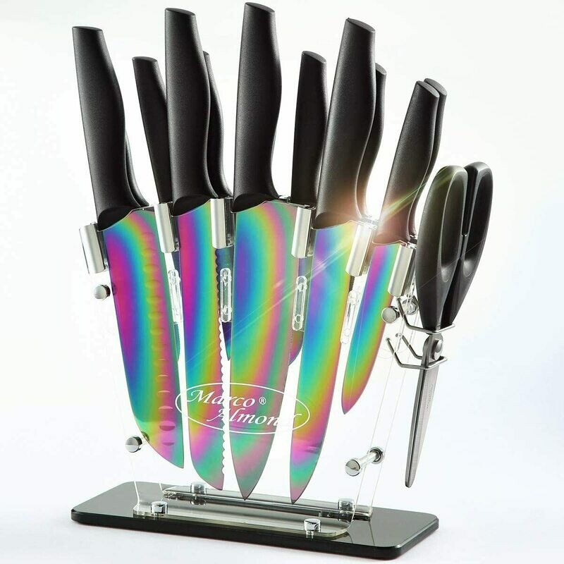 Rainbow Titanium Knife Set with Block,14 PCS Kitchen Knife Set with Acrylic Stand