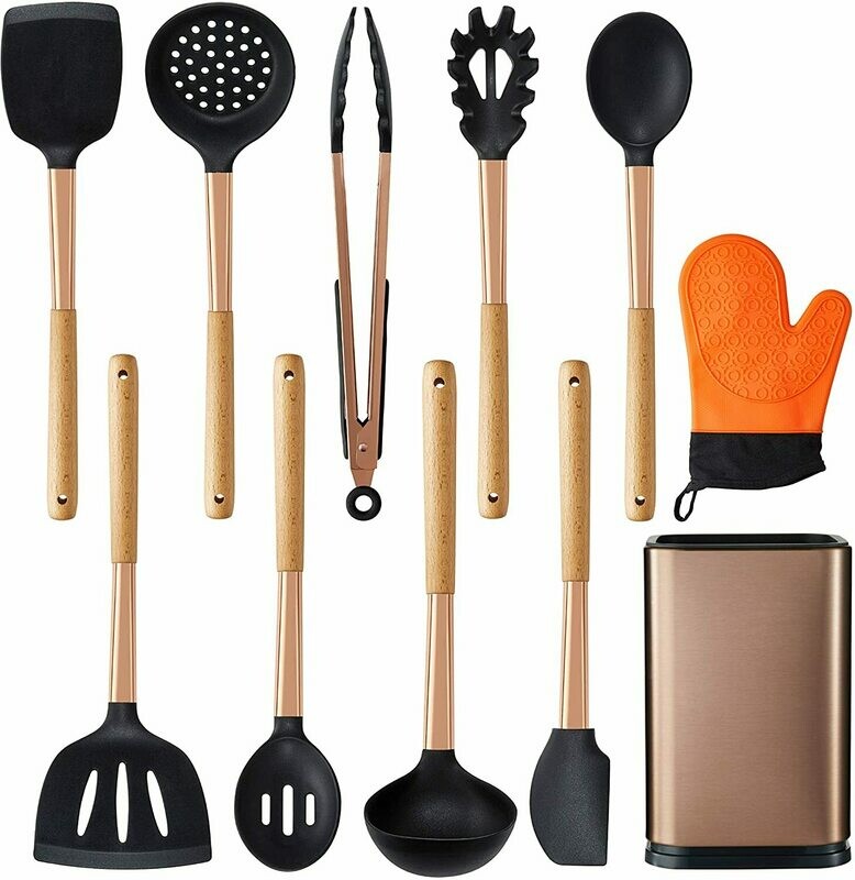 Silicone Cooking Utensils Set,11pcs Rose Gold Kitchen Utensil Set with Copper Utensil Holder and Oven Mitts,Non-stick Heat Resistant Silicone
