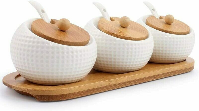 Porcelain Condiment Jar Spice Container with Lids - Bamboo Cap Holder Spot, Ceramic Serving Spoon, Wooden Tray