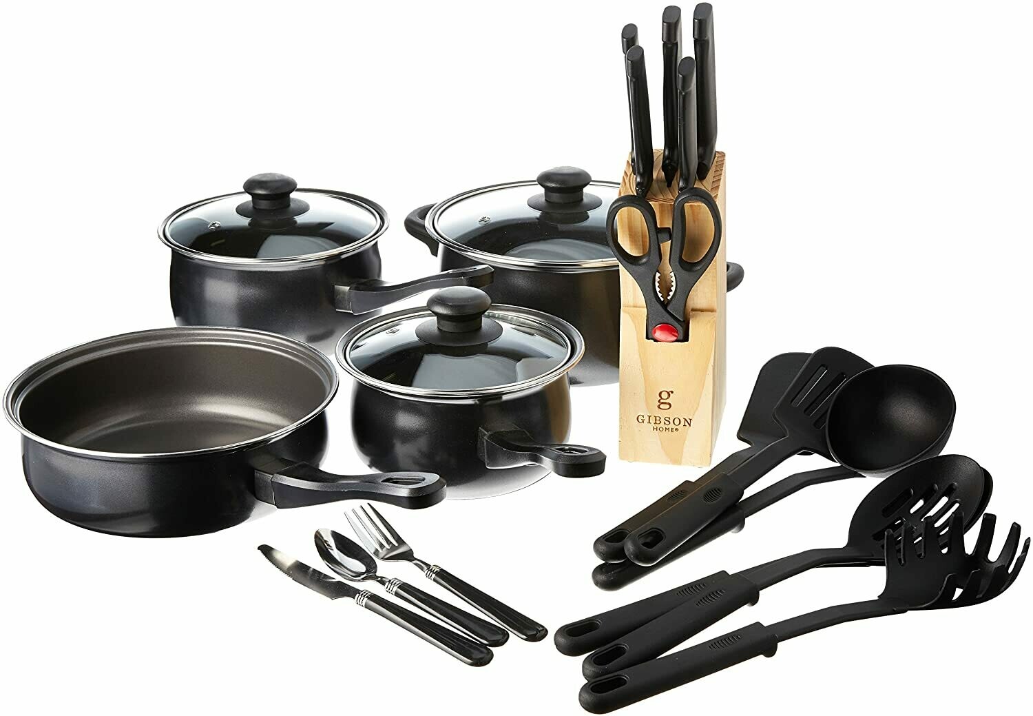 Gibson Home Back to Basics Carbon Steel Cookware Set, 32-Piece, Black
