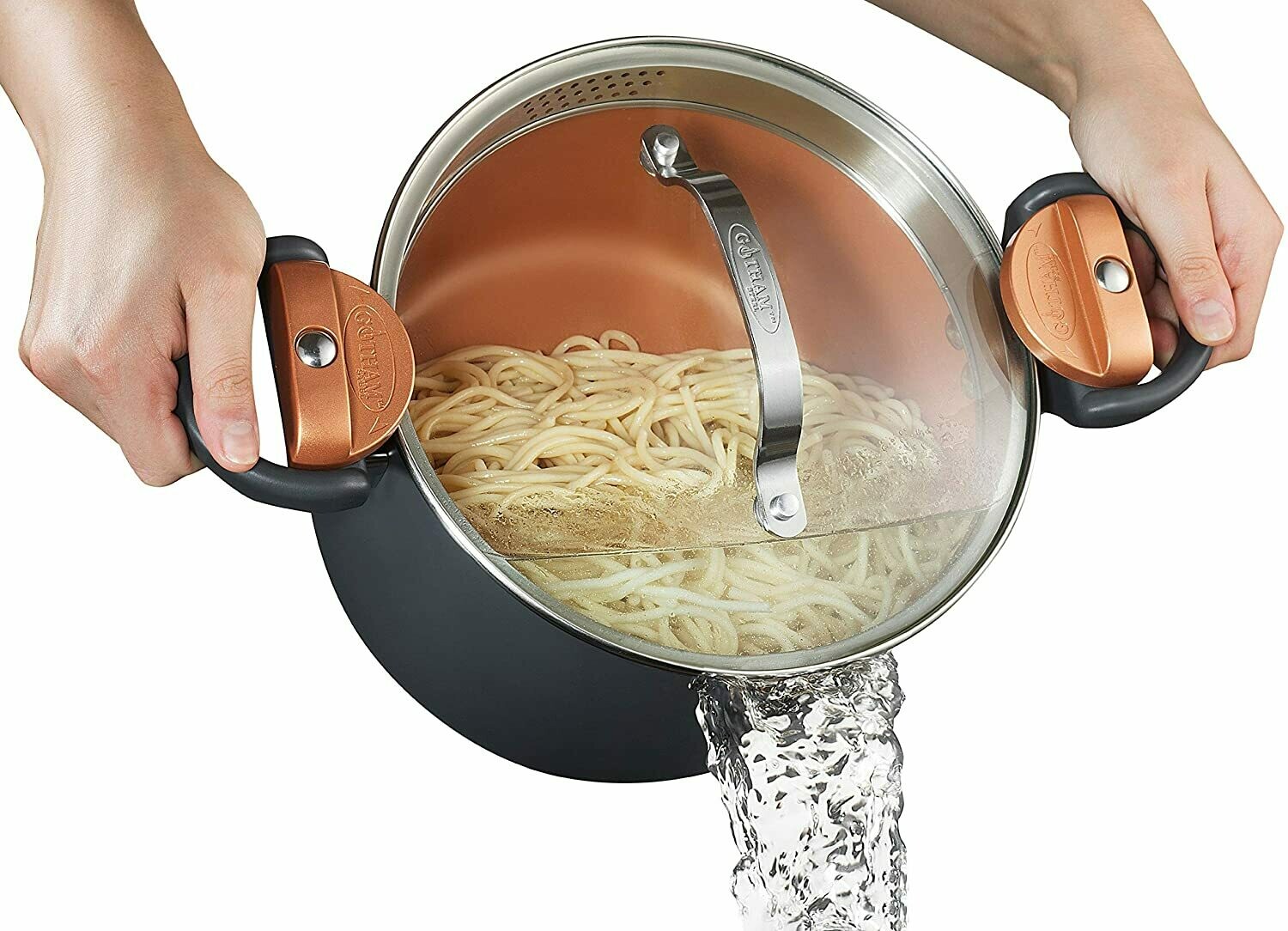 Gotham Steel 5 Quart Multipurpose Pasta Pot with Strainer Lid &amp; Twist and Lock Handles