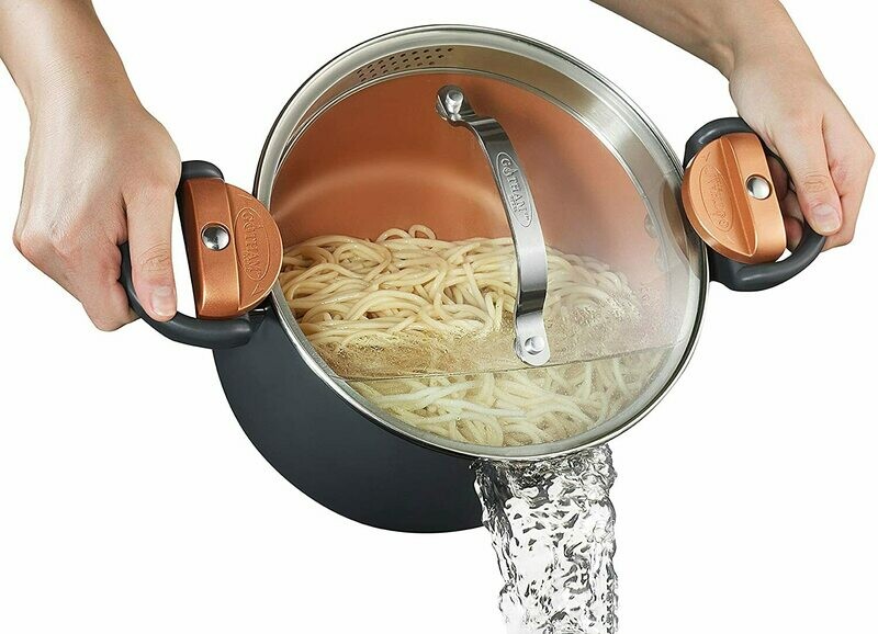 Gotham Steel 5 Quart Multipurpose Pasta Pot with Strainer Lid &amp; Twist and Lock Handles