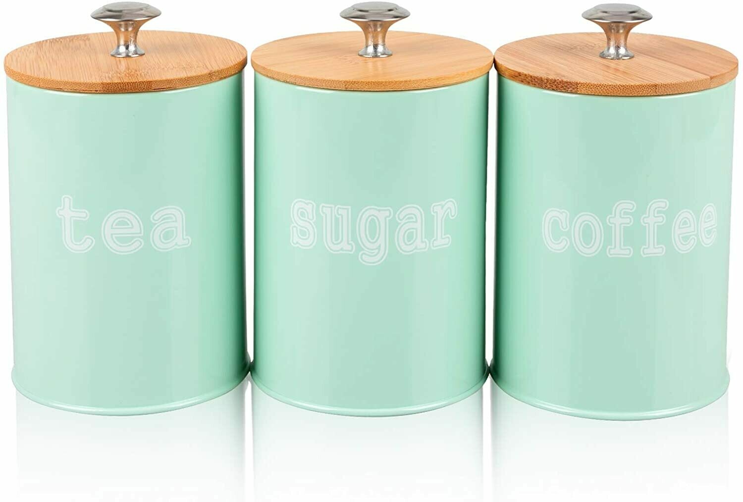 DAILYLIFE Set of 3 Metal Food Storage Tins With Bamboo Lid for Sugar Tea Coffee Canisters Jar Green