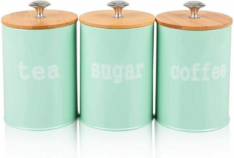 DAILYLIFE Set of 3 Metal Food Storage Tins With Bamboo Lid for Sugar Tea Coffee Canisters Jar Green
