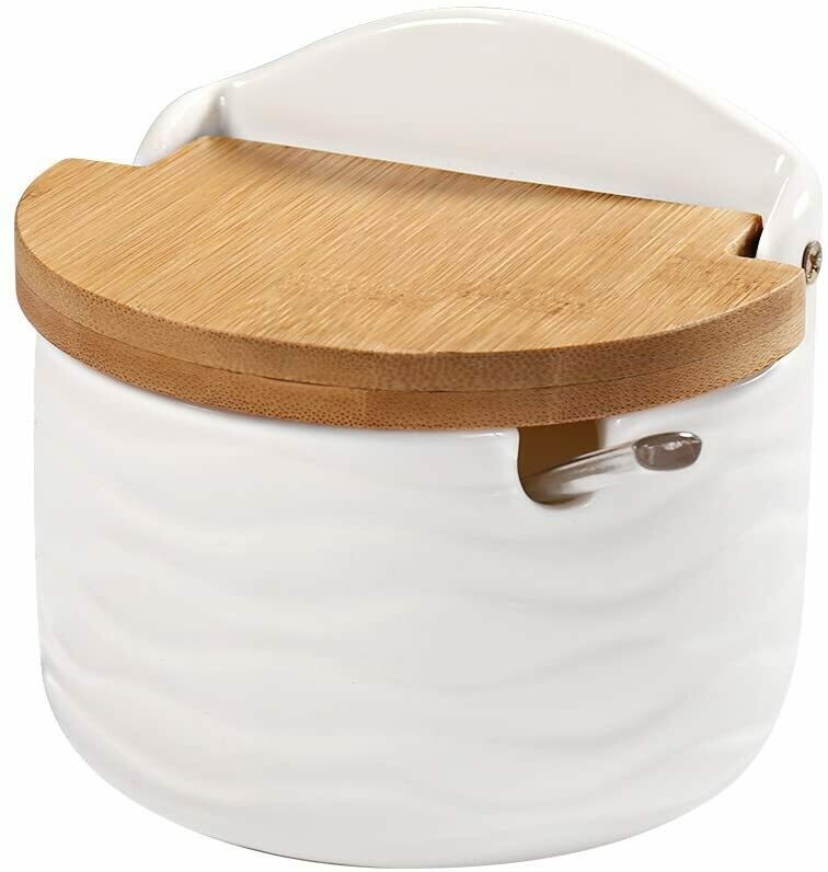 Sugar Bowl, 77L Ceramic Sugar Bowl with Sugar Spoon and Bamboo Lid for Home and Kitchen