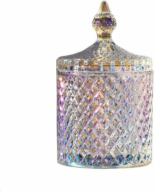 10 OZ Crystal Glass Candy Dish with Lid Cylindrical Diamond Candy Box