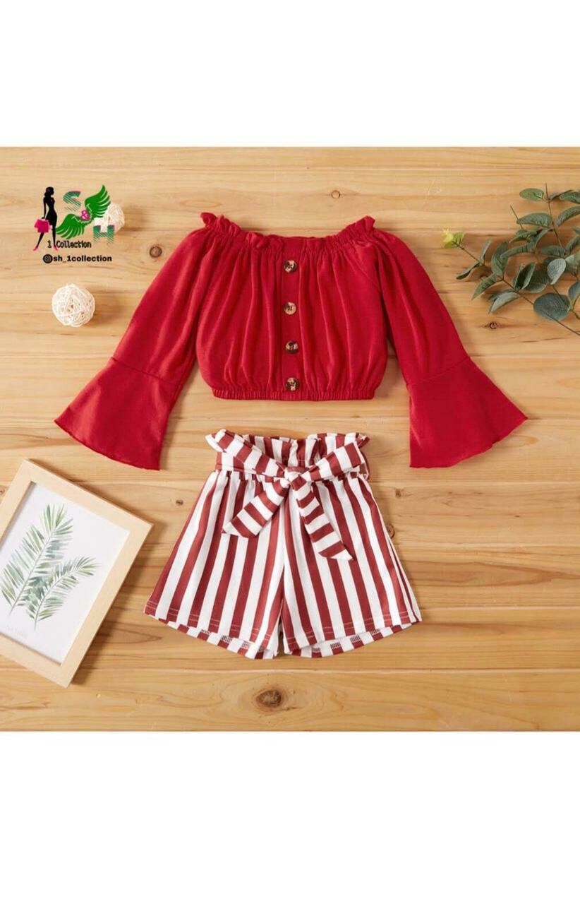 Off Shoulder Long Sleeve Shirt Striped Shorts 2Pcs Outfits
