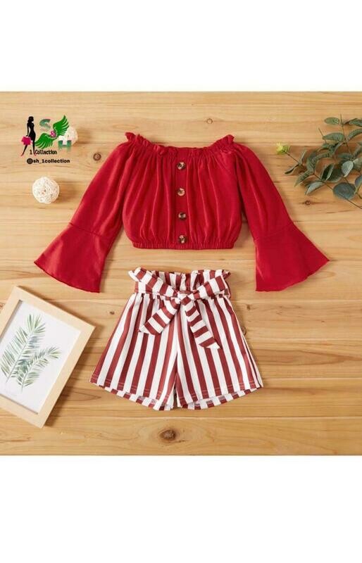 Off Shoulder Long Sleeve Shirt Striped Shorts 2Pcs Outfits