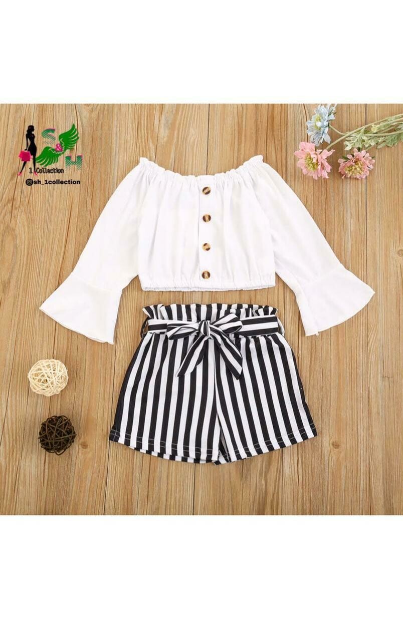 Flared Sleeve T-shirt Tops +Striped Shorts Pants