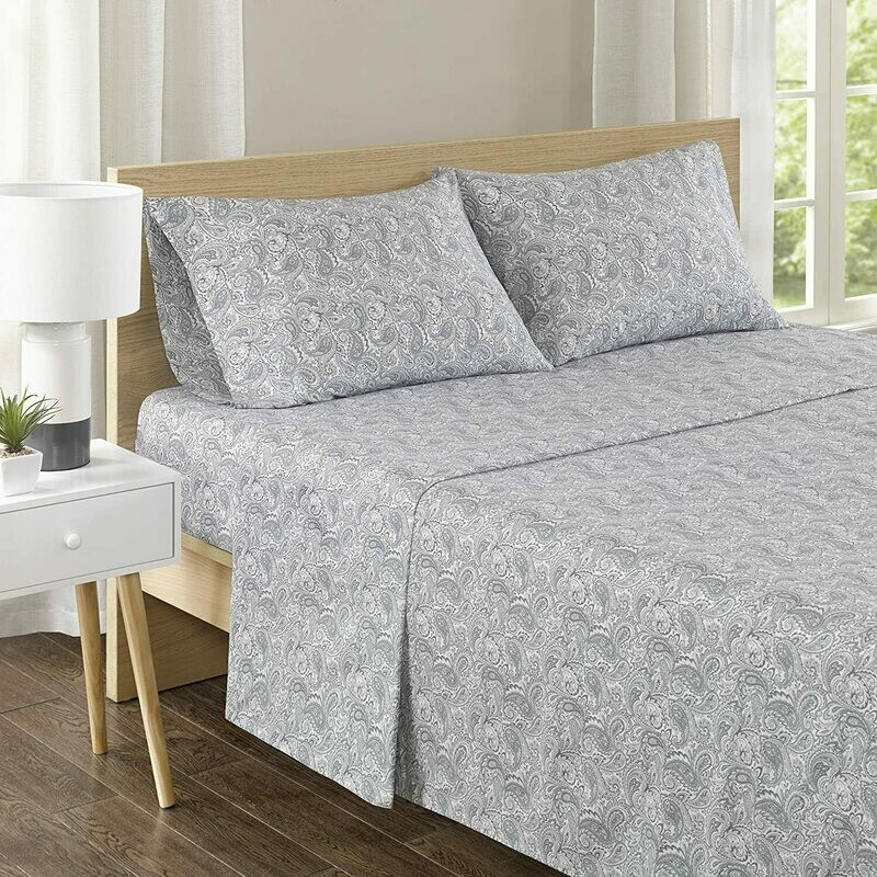 Comfort Spaces 100% Cotton Percale 4 Piece Set Ultra Soft Breathable Deep Pocket Printed Paisley Pattern Sheets with Pillow Cases Bedding, King, Grey