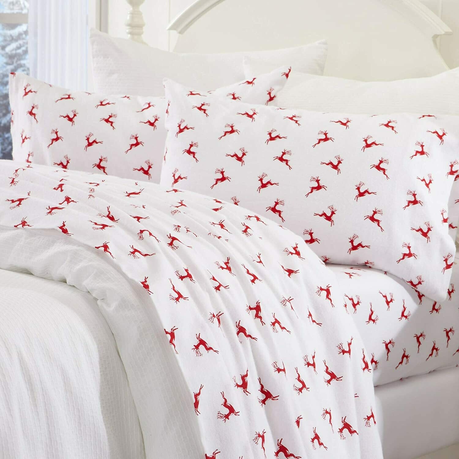 Great Bay Home 4 Piece Extra Soft Reindeer 100% Turkish Cotton Flannel Sheet Set
