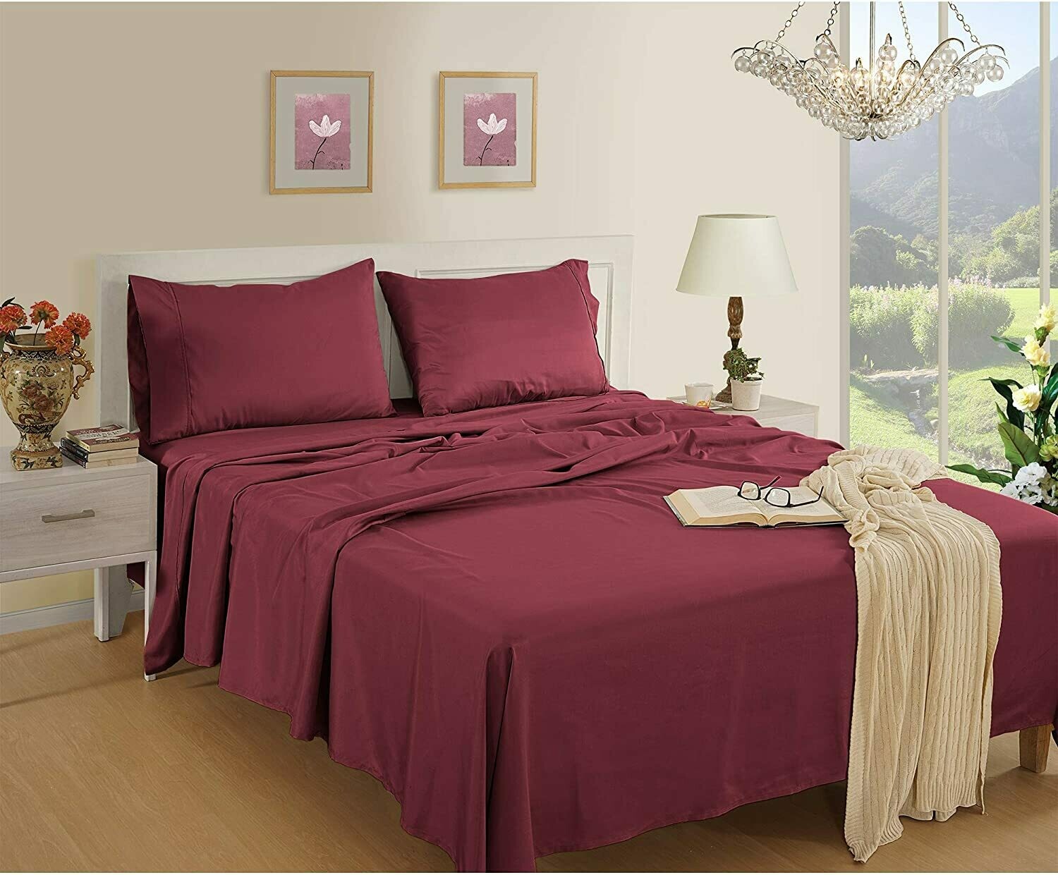 1800 Thread Count Bed Sheet Set King - Burgundy Sheet Set - Double Brushed Microfiber Sheets