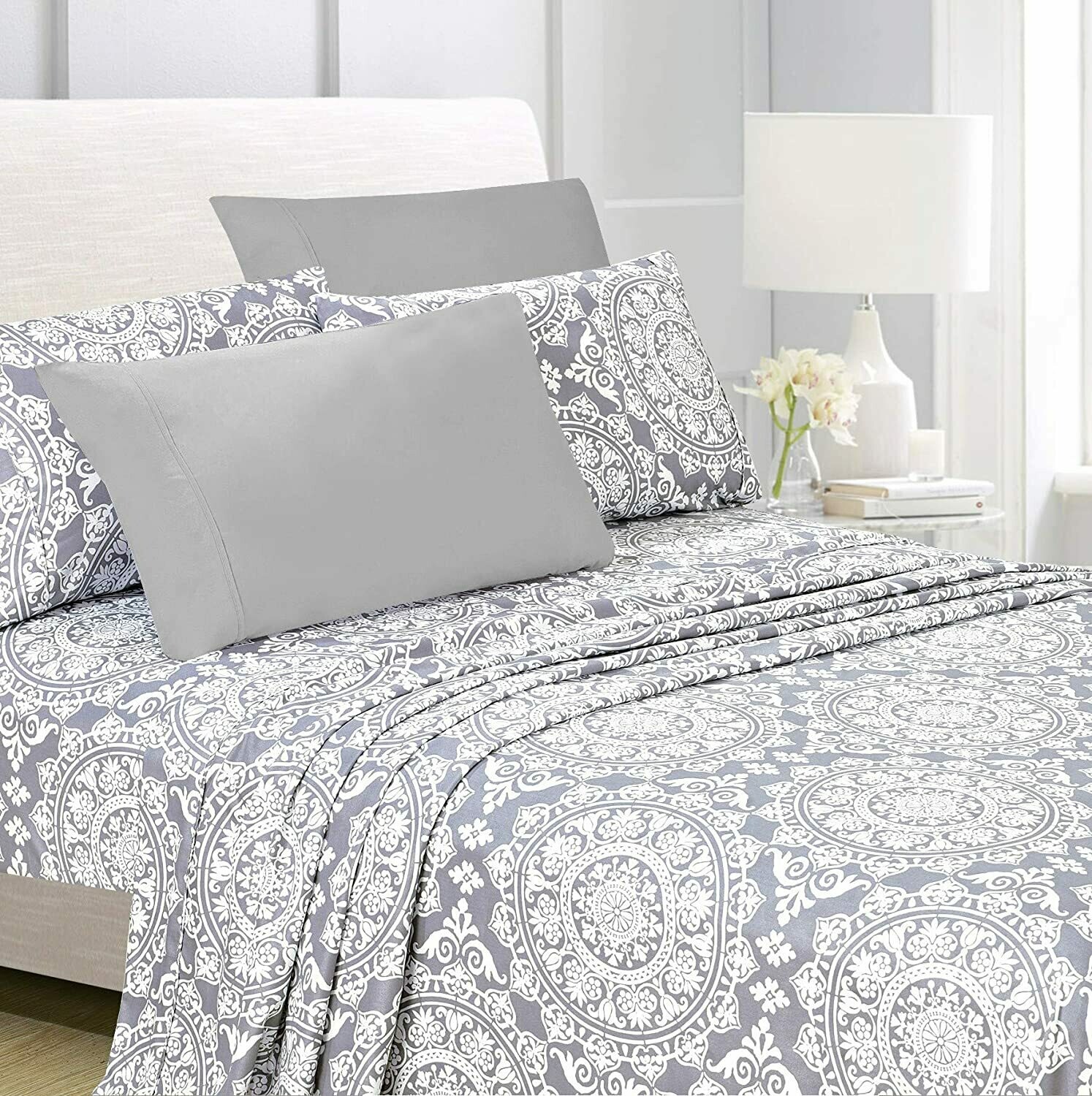 American Home Collection 6 Piece Bed Sheet Set Super Soft Brushed Microfiber - 14&quot; Deep Pocket - Wrinkle Resistant - Hypoallergenic (King, Grey Geometric)
