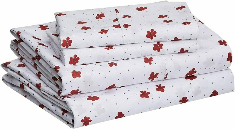 Amazon Basics Lightweight Super Soft Easy Care Microfiber Sheet Set with 14&quot; Deep Pockets - King, Red Poppies