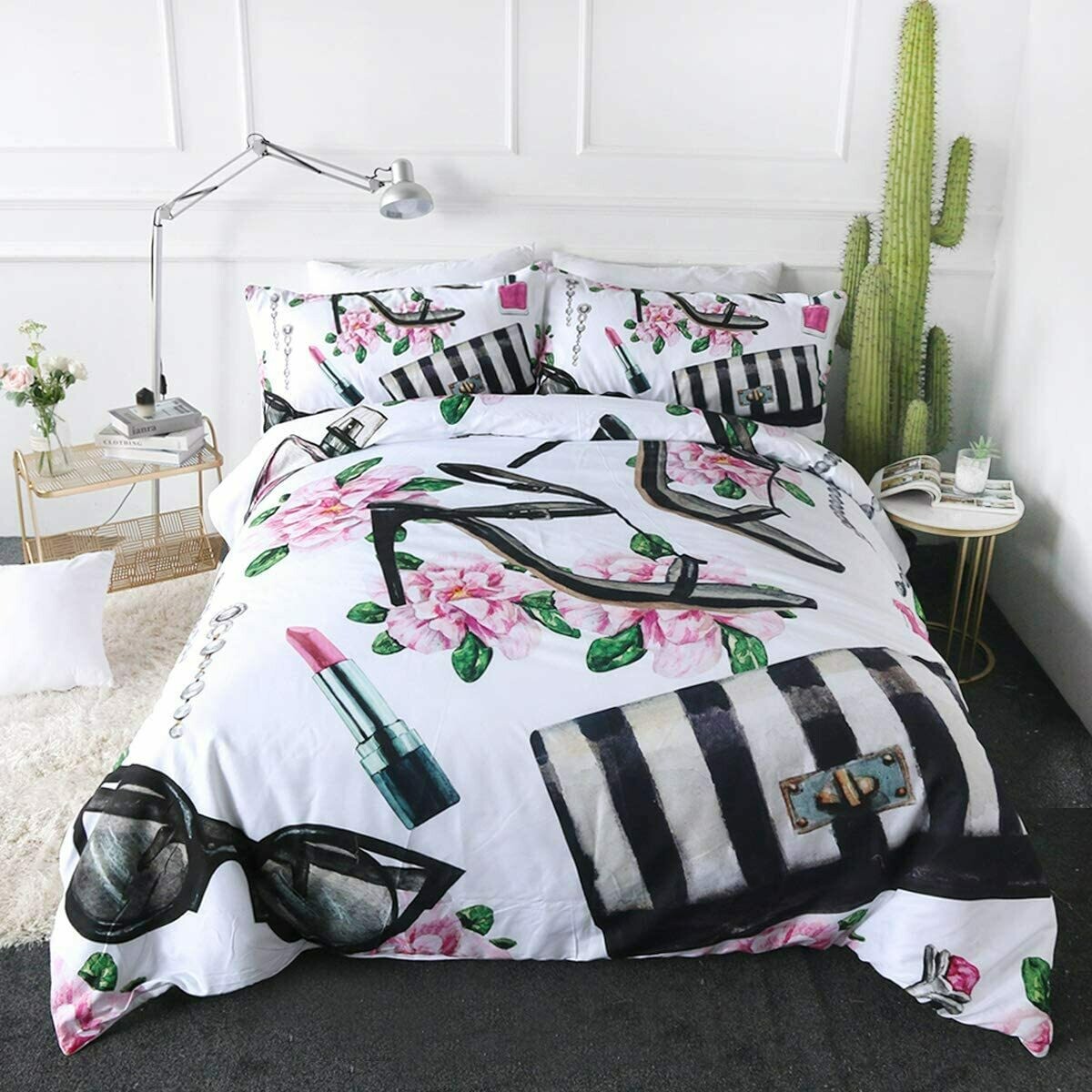 ARIGHTEX Fashion Duvet Cover Set Modern Bedding Sets High Heel Shoes Perfumes Lipstick Sunglasses Watercolor Female Pattern 3 Pieces Stylish Bed Set