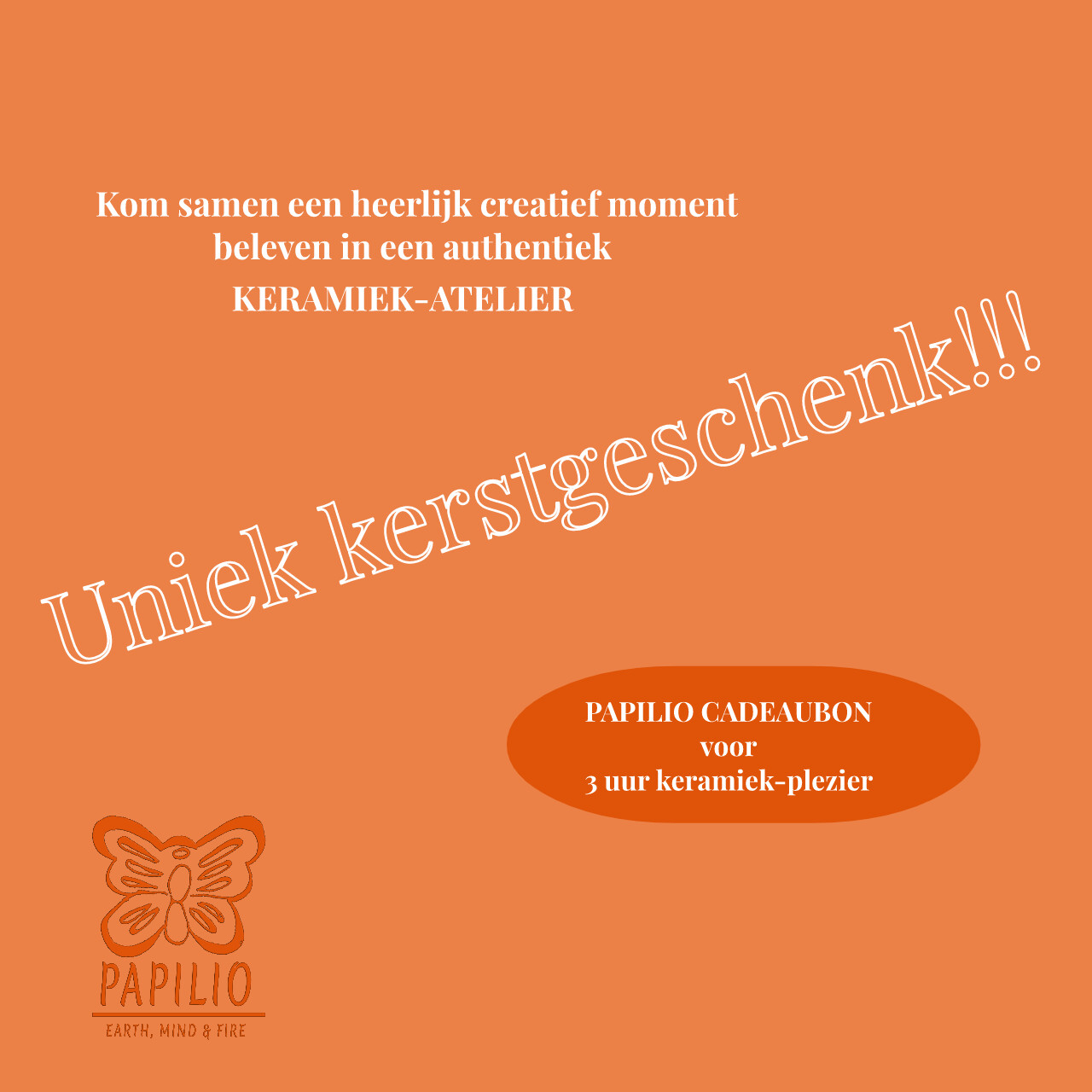 Kerstaanbod :
Cadeaubon voor een dagpauwoog workshop bij Papilio voor jezelf en 3 gasten Kerstaanbod :
Cadeaubon voor een dagpauwoog workshop bij Papilio voor jezelf en 3 gasten