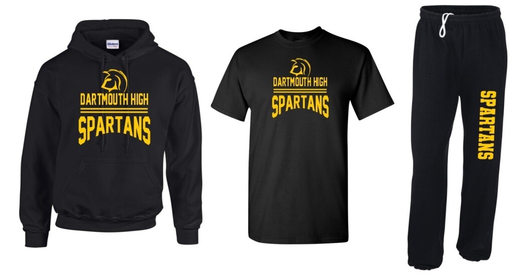 DHS Dartmouth High Spartans Bundle - Black Hoodie, Black T-shirt, Black Sweatpants