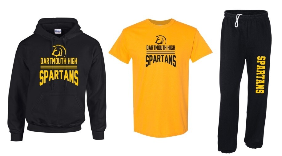 DHS Dartmouth High Spartans Bundle - Black Hoodie, Yellow T-shirt, Black Sweatpants
