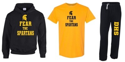 DHS Fear the Spartans Bundle - Black Hoodie, Yellow T-shirt, Black Sweatpants