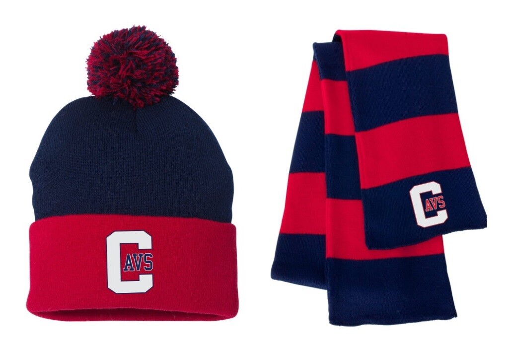 Cole Harbour High - Navy/Red Winter Bundle (Navy/Red Pom-Pom Beanie, Navy/Red Scarf)